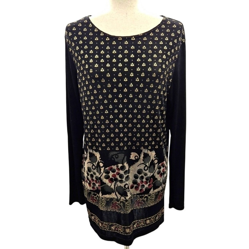 Jaipur Womens Large Black Gold Geometric Floral Mixed‎ Print Long Sleeve Tunic